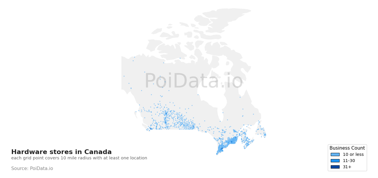 Hardware store density map for Canada