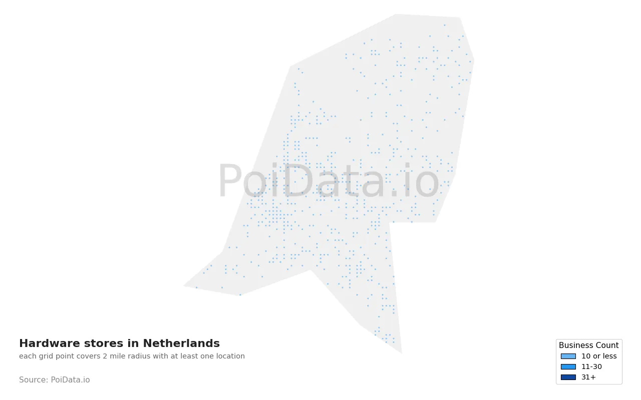 Hardware store density map for Netherlands