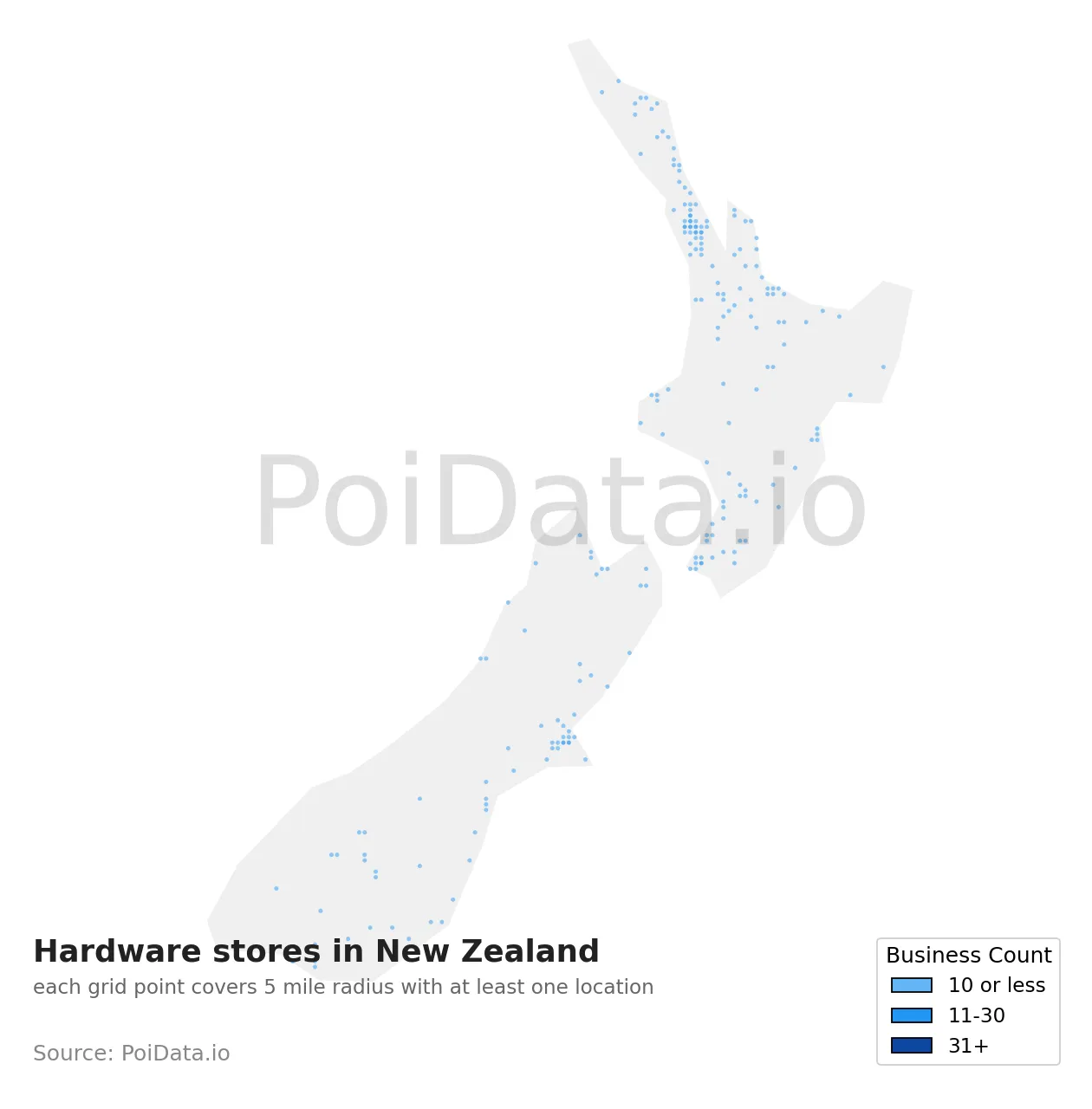 Hardware store density map for New Zealand