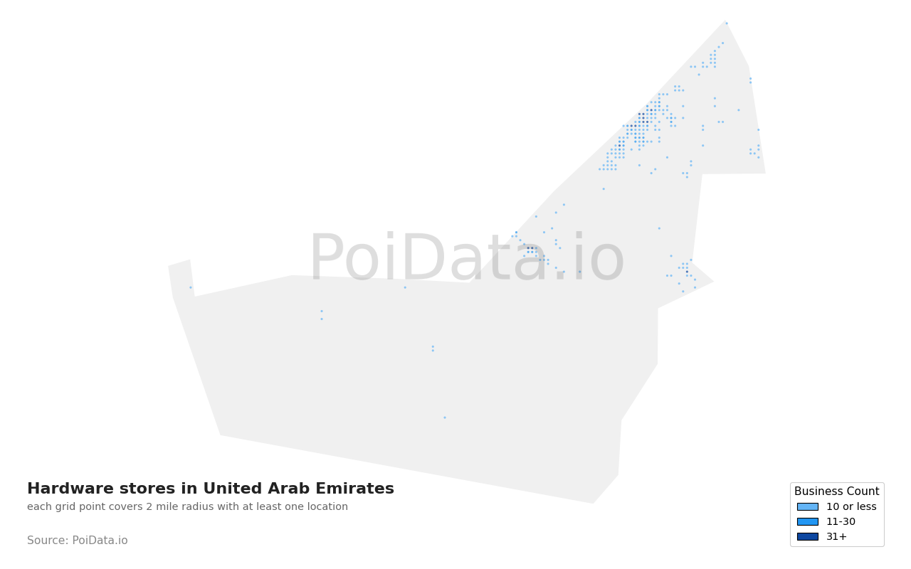 Hardware store density map for United Arab Emirates