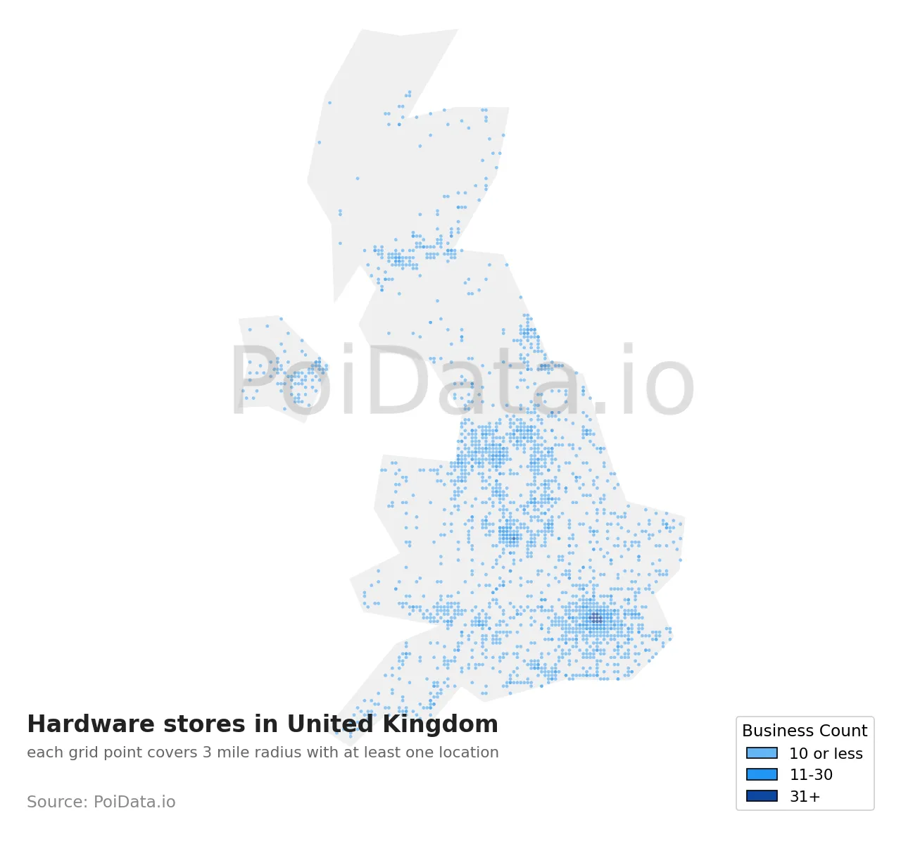 Hardware store density map for United Kingdom