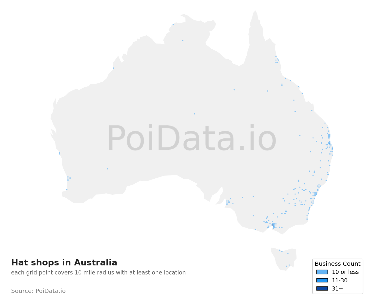 Hat shop density map for Australia