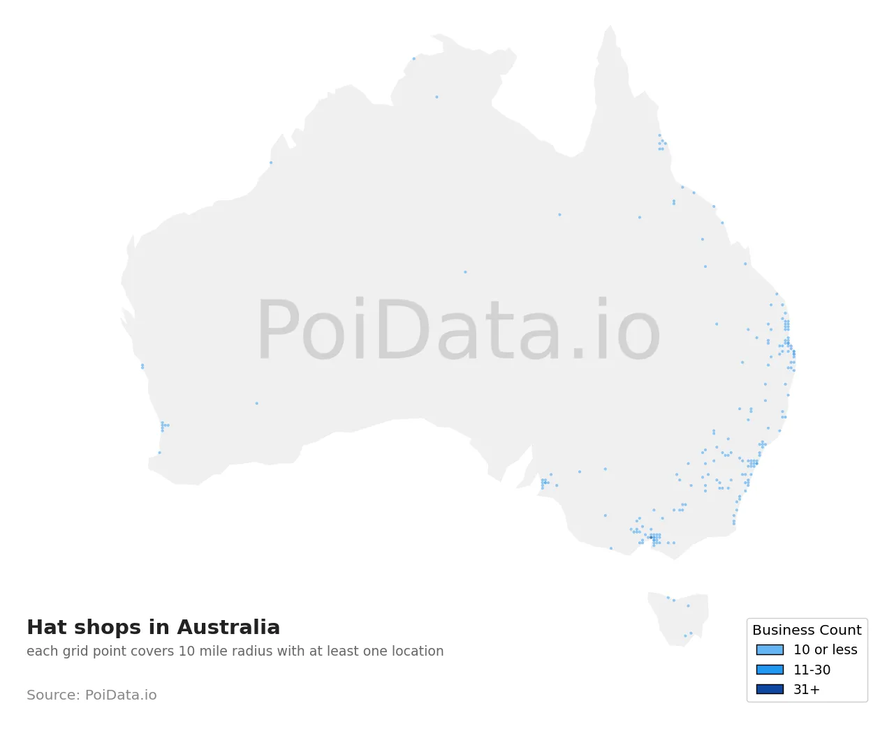 Hat shop density map for Australia