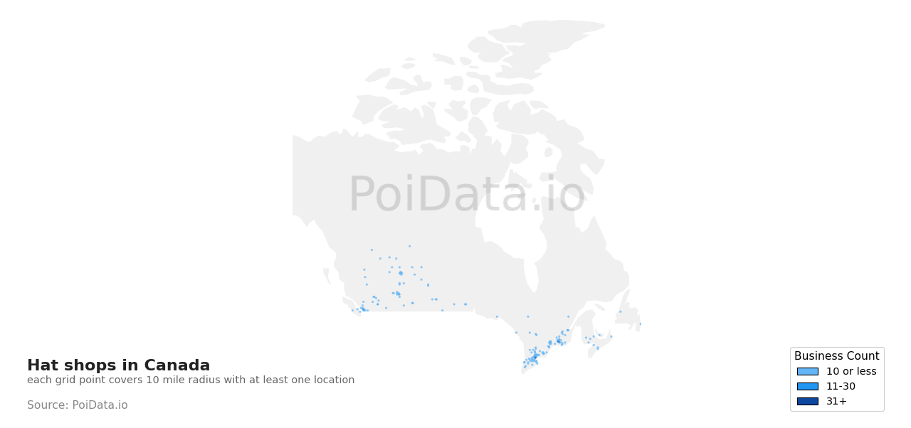 Hat shop density map for Canada