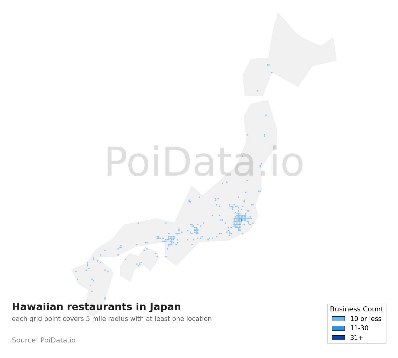 Hawaiian restaurant density map for Japan