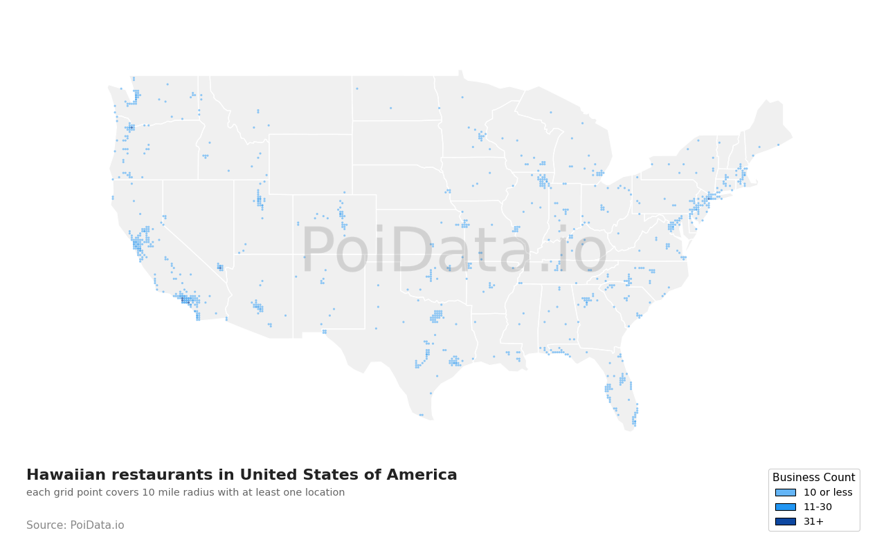 Hawaiian restaurant density map for United States