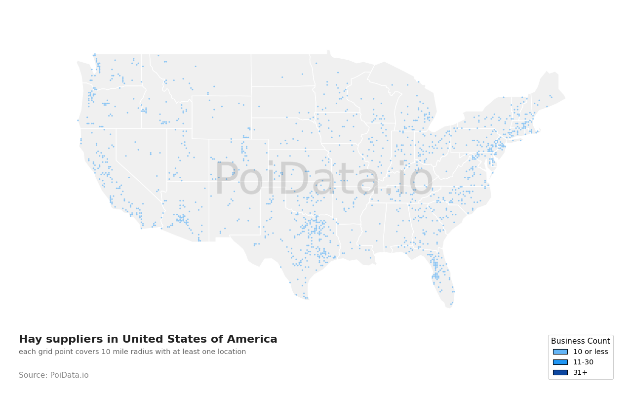 Hay supplier density map for Texas, United States