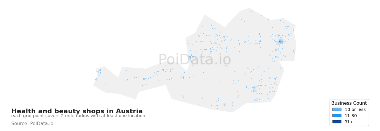 Health and beauty shop density map for Austria