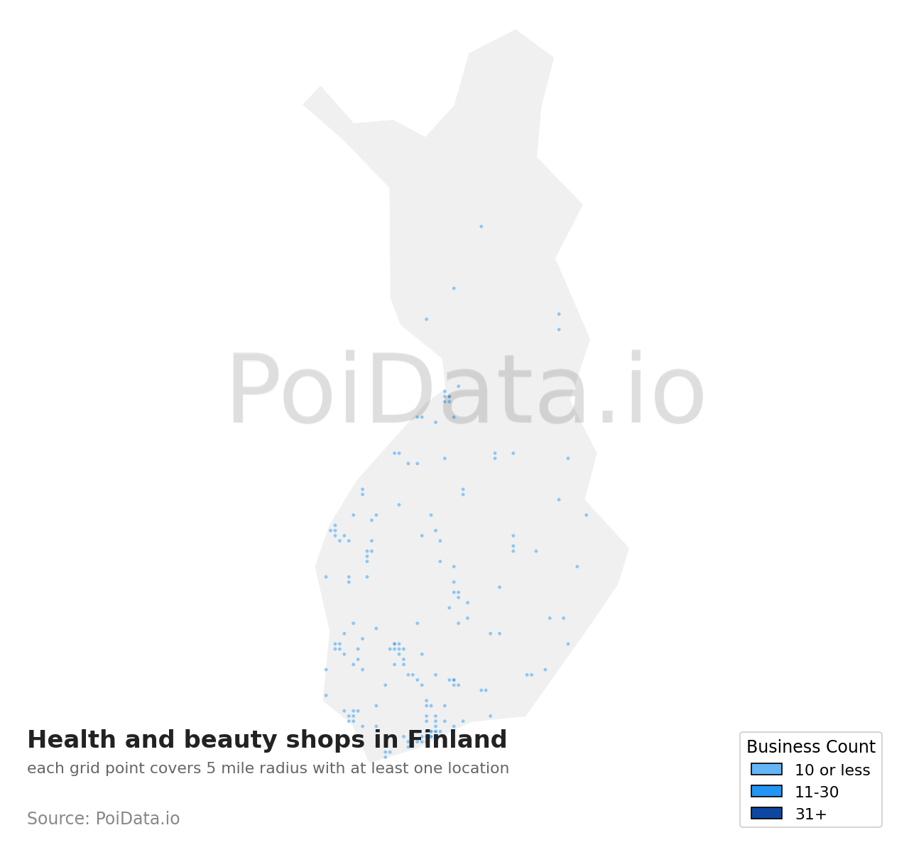Health and beauty shop density map for Finland
