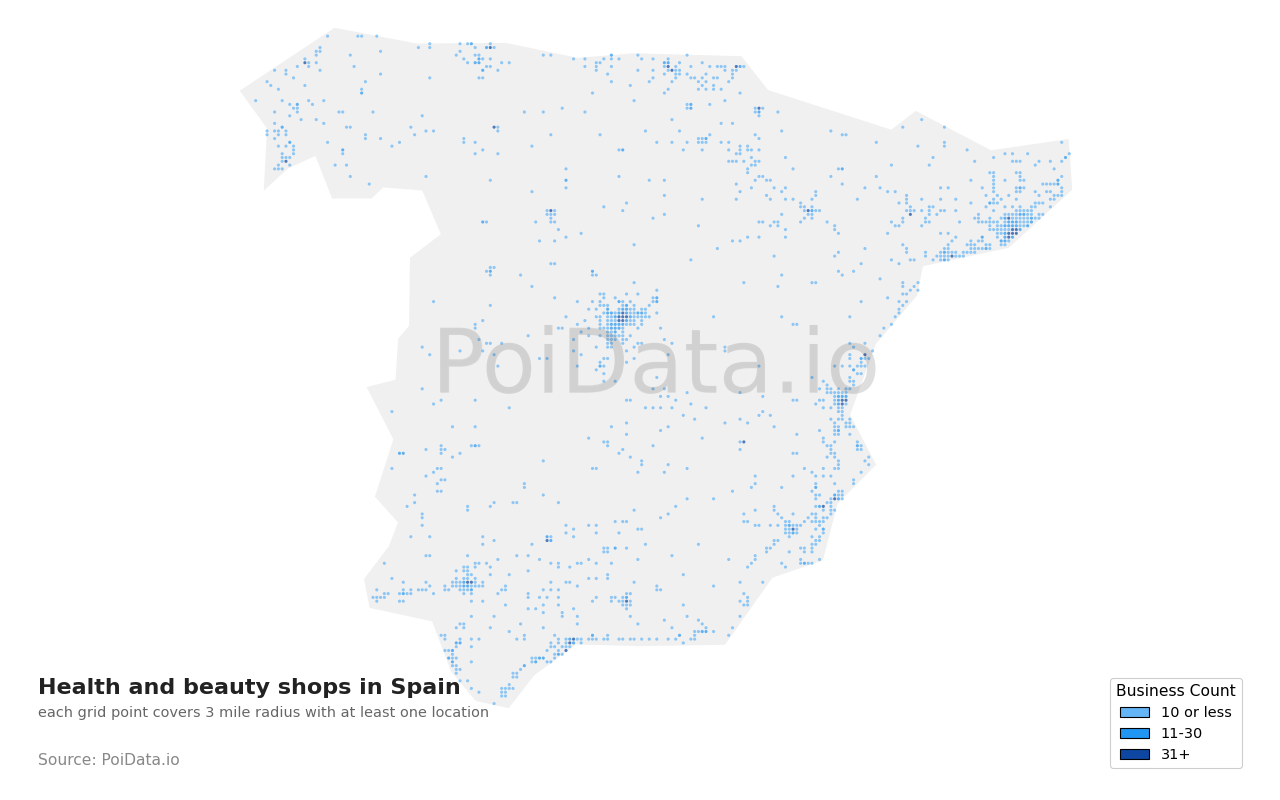 Health and beauty shop density map for Spain