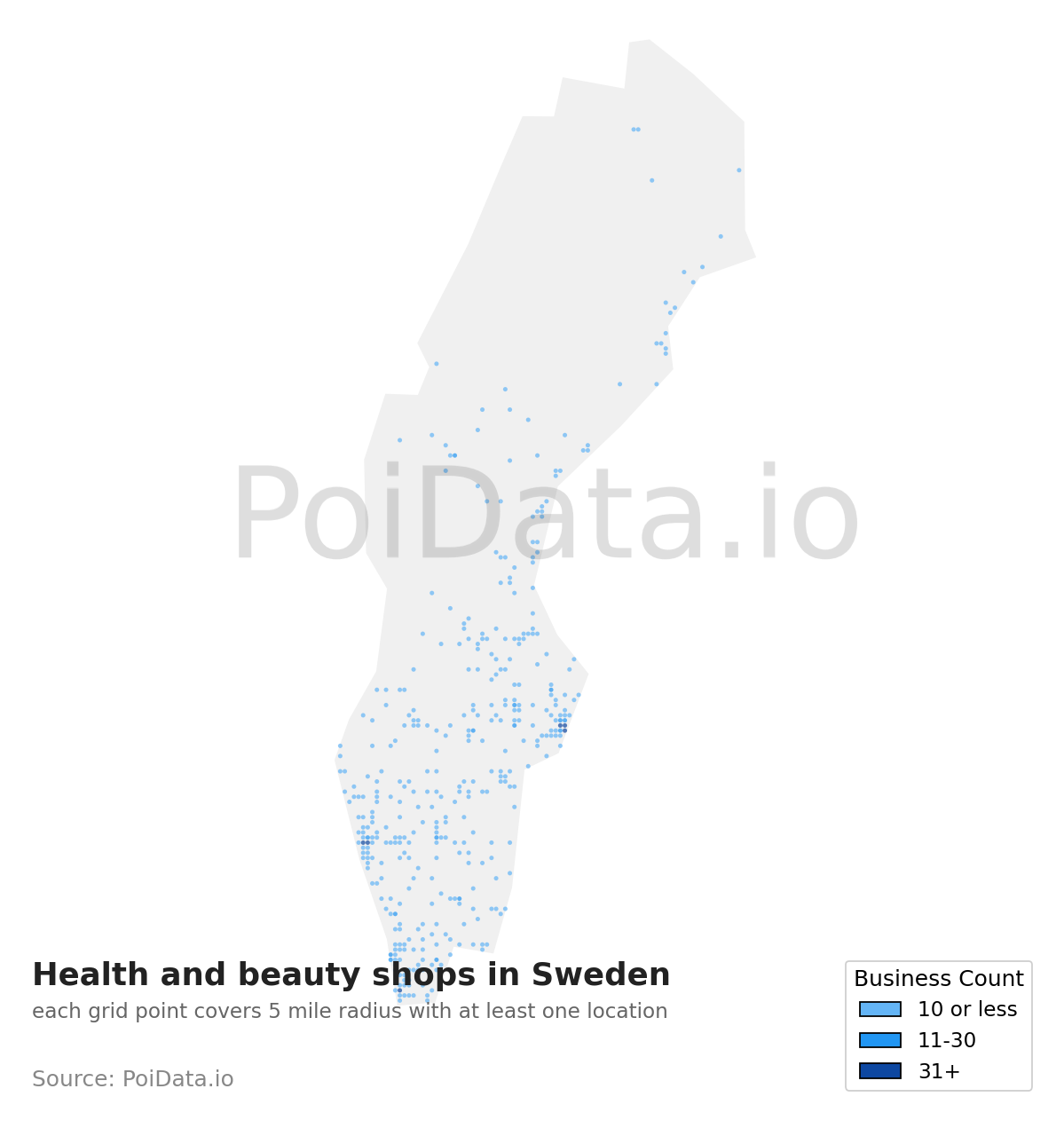 Health and beauty shop density map for Sweden