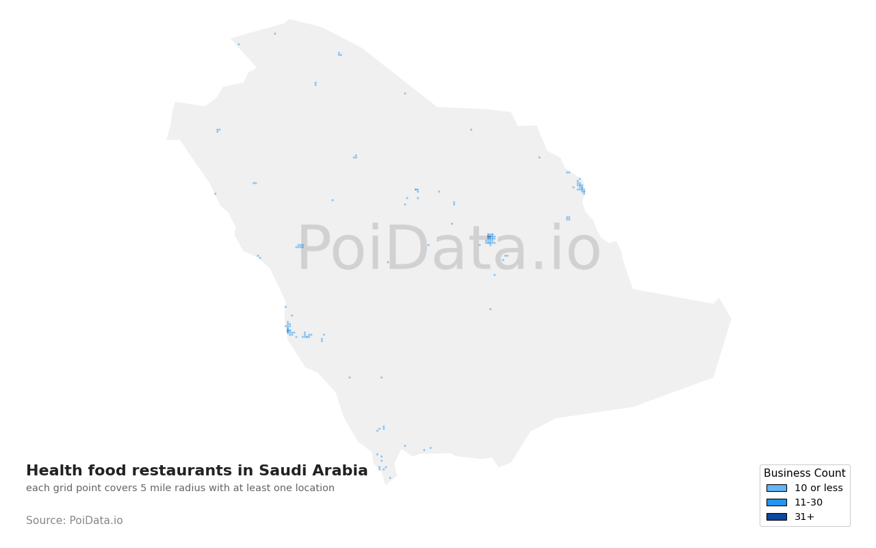 Health food restaurant density map for Saudi Arabia