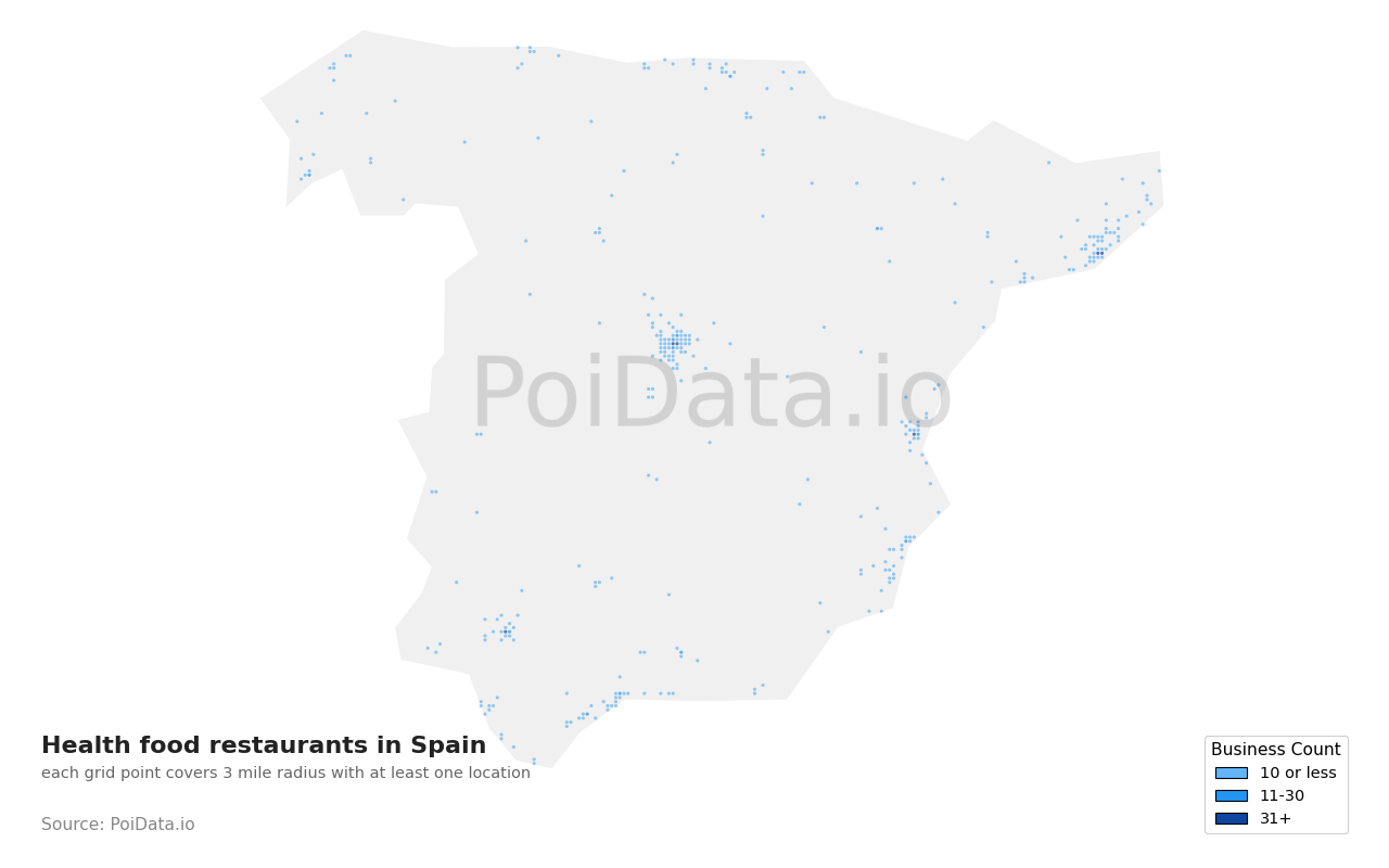 Health food restaurant density map for Spain