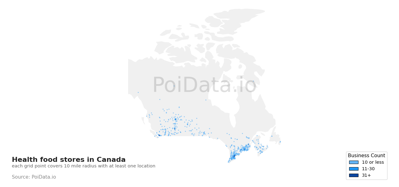 Health food store density map for Canada