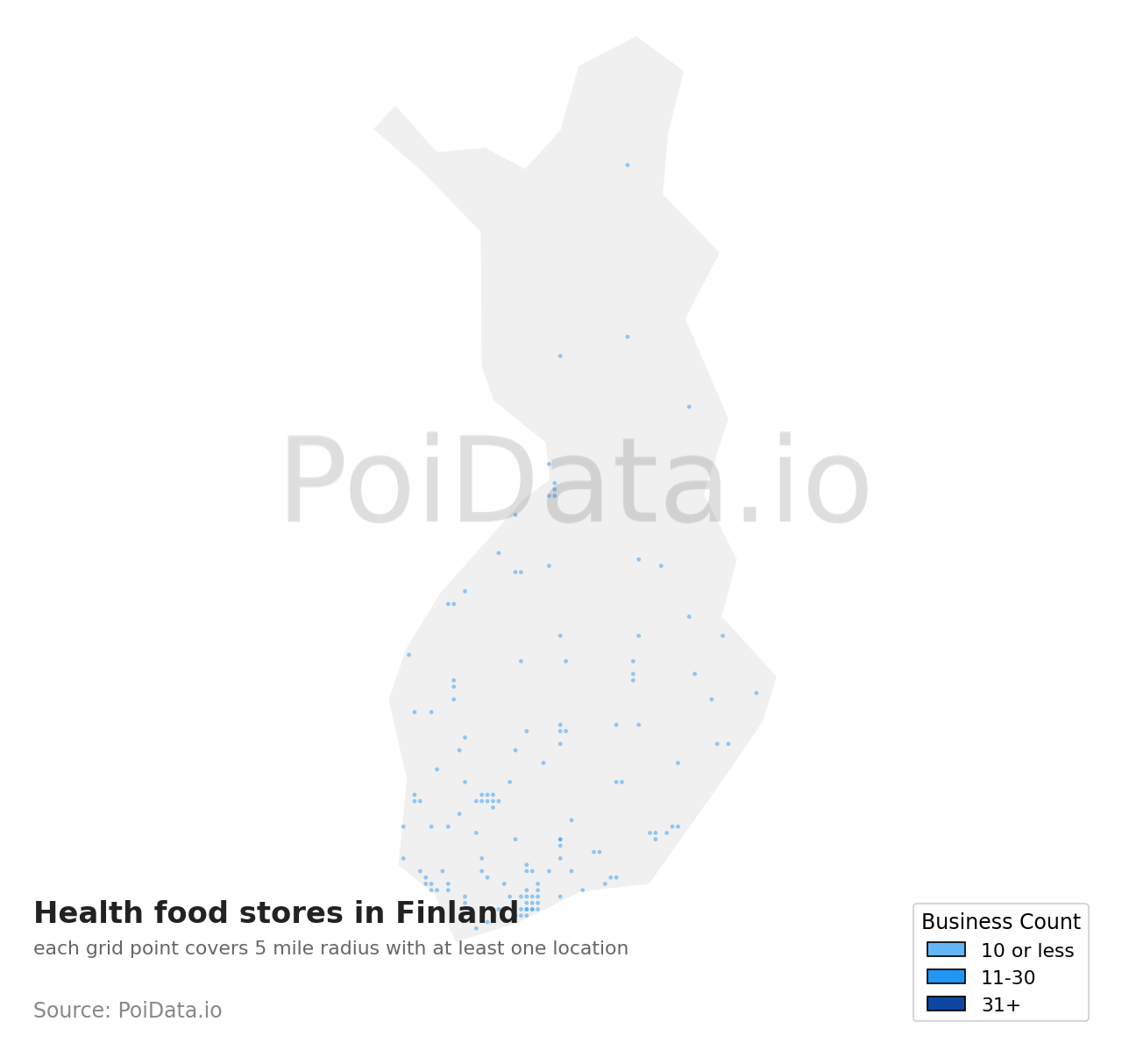 Health food store density map for Finland