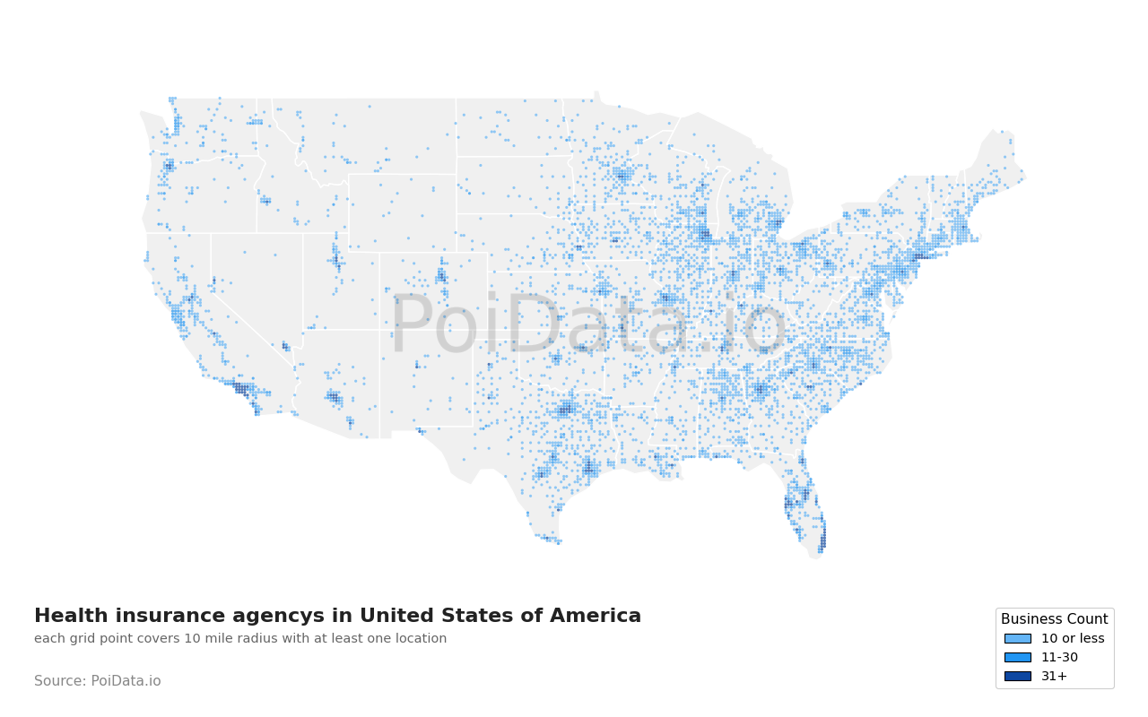Health insurance agency density map for United States