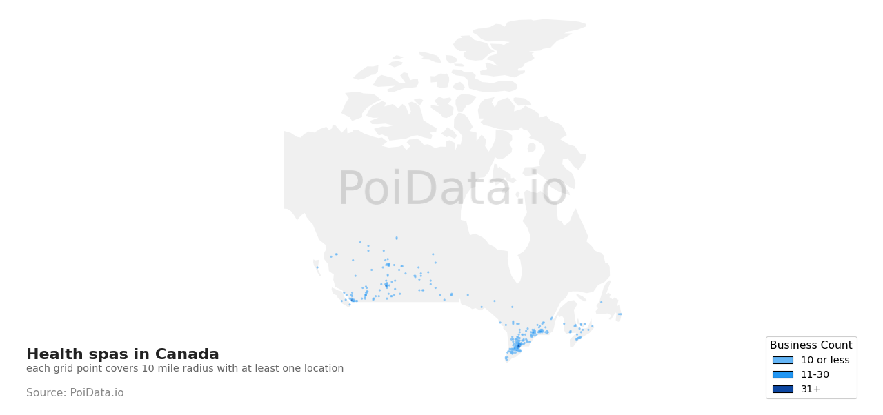 Health spa density map for Ontario, Canada