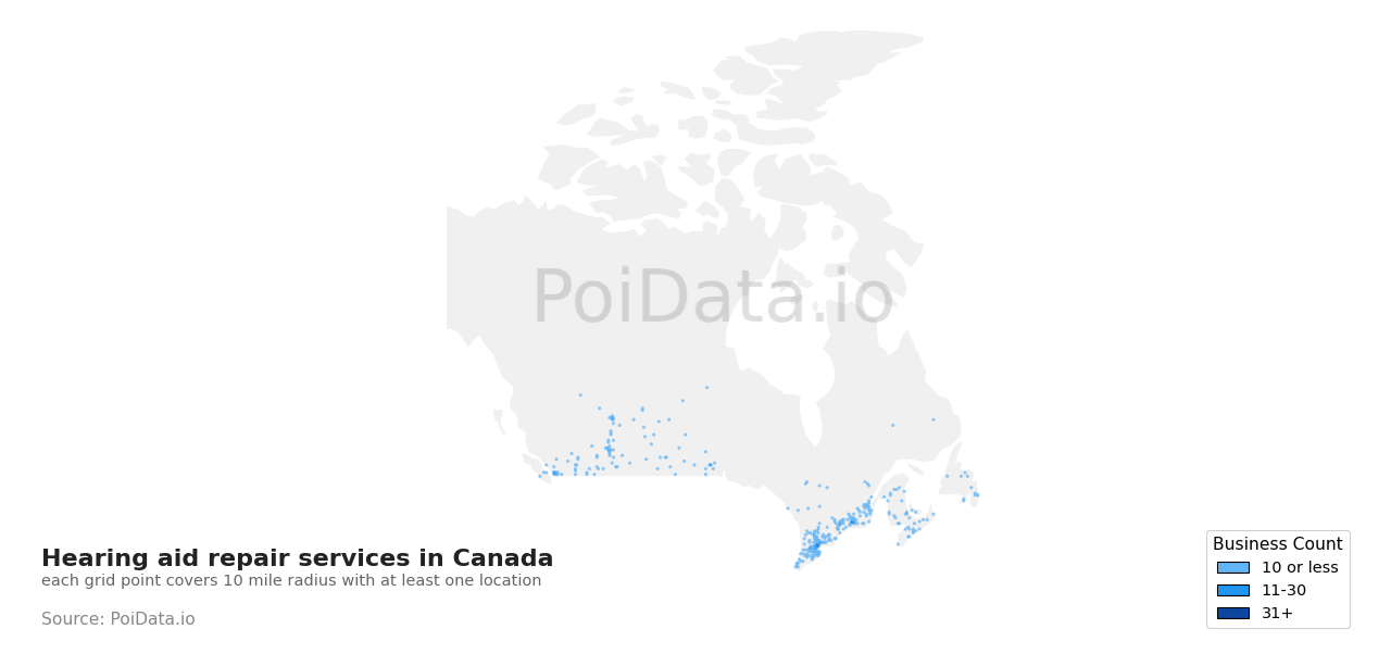 Hearing aid repair service density map for Canada