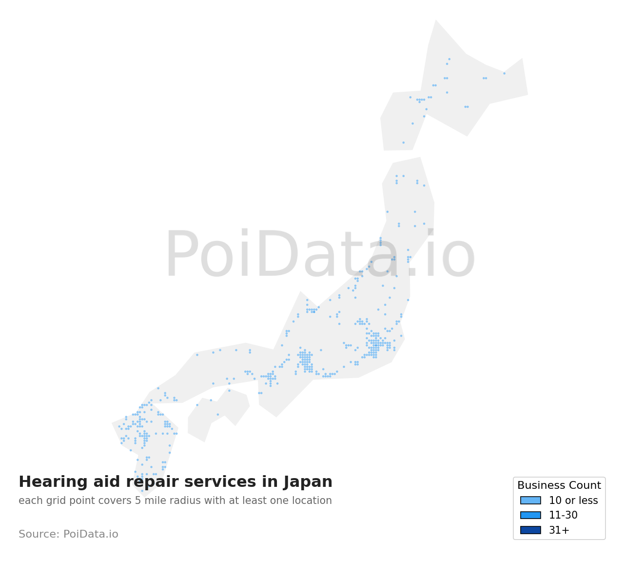 Hearing aid repair service density map for Japan