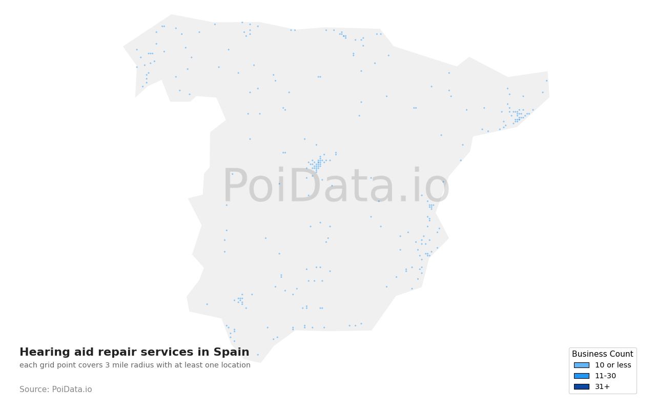 Hearing aid repair service density map for Spain