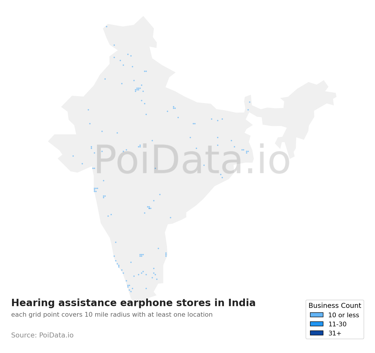 Hearing assistance earphone store density map for India