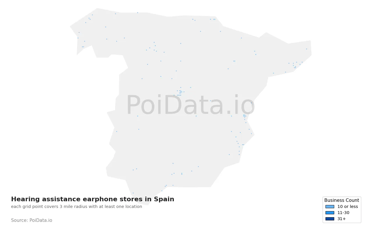Hearing assistance earphone store density map for Spain