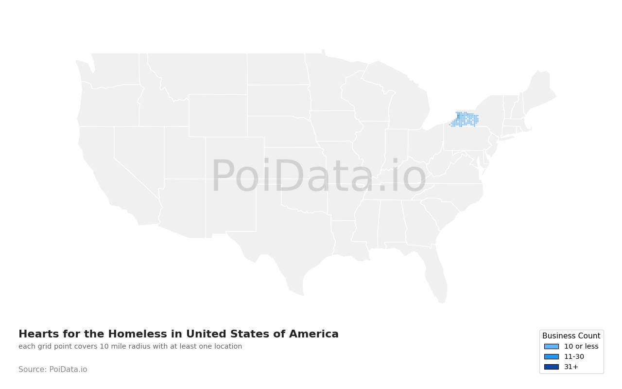 Hearts for the Homeless density map for United States