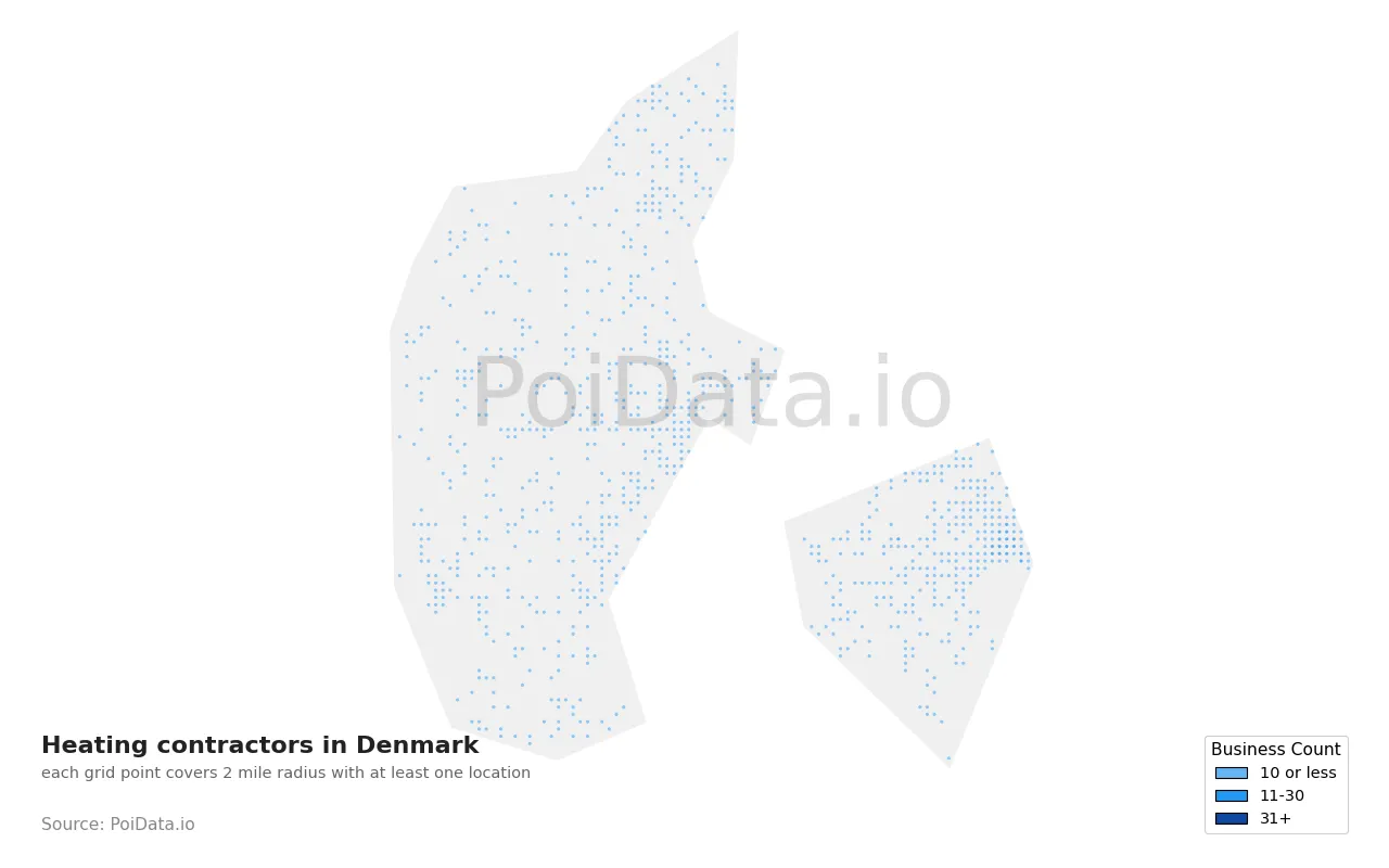 Heating contractor density map for Denmark