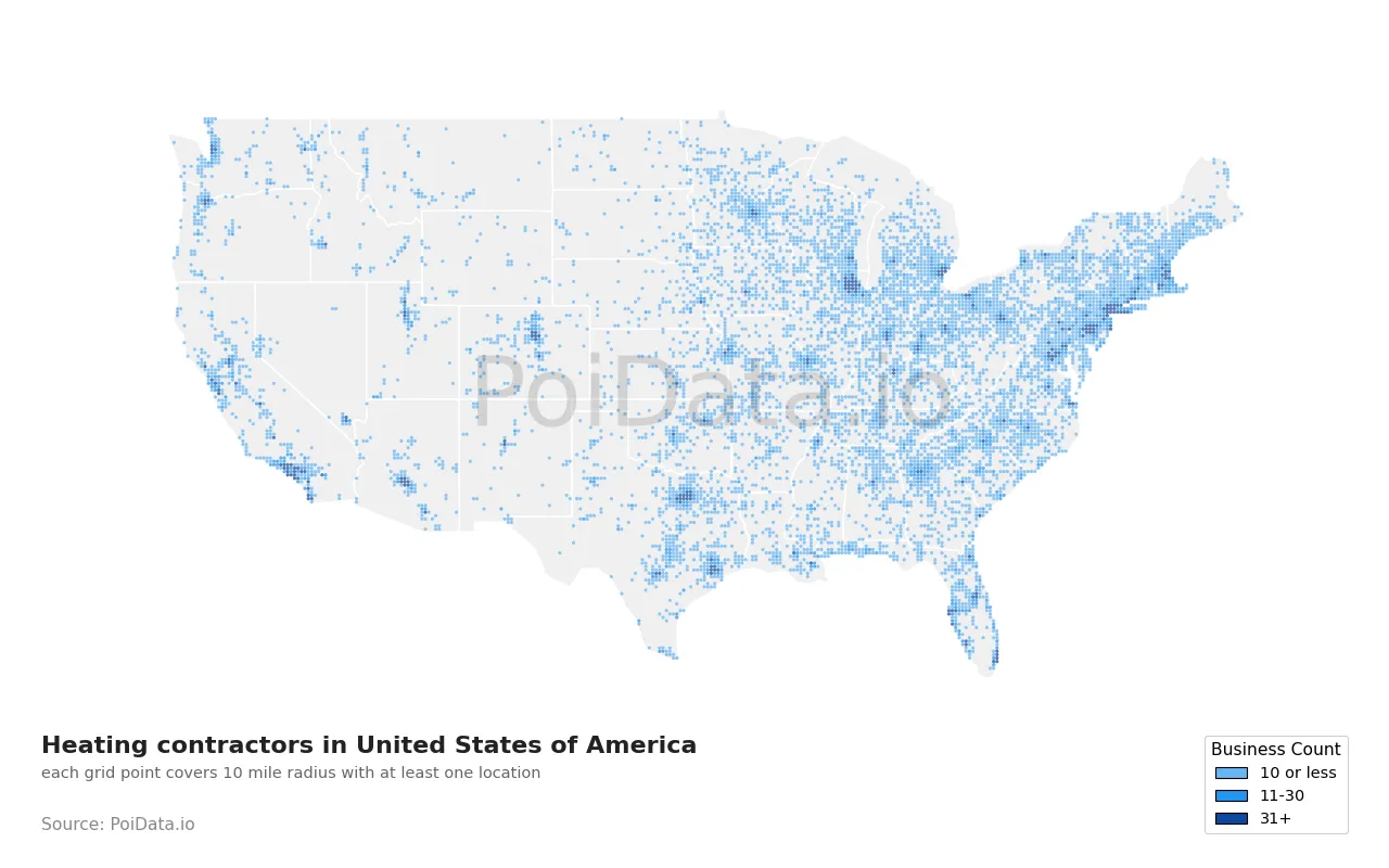 Heating contractor density map for United States