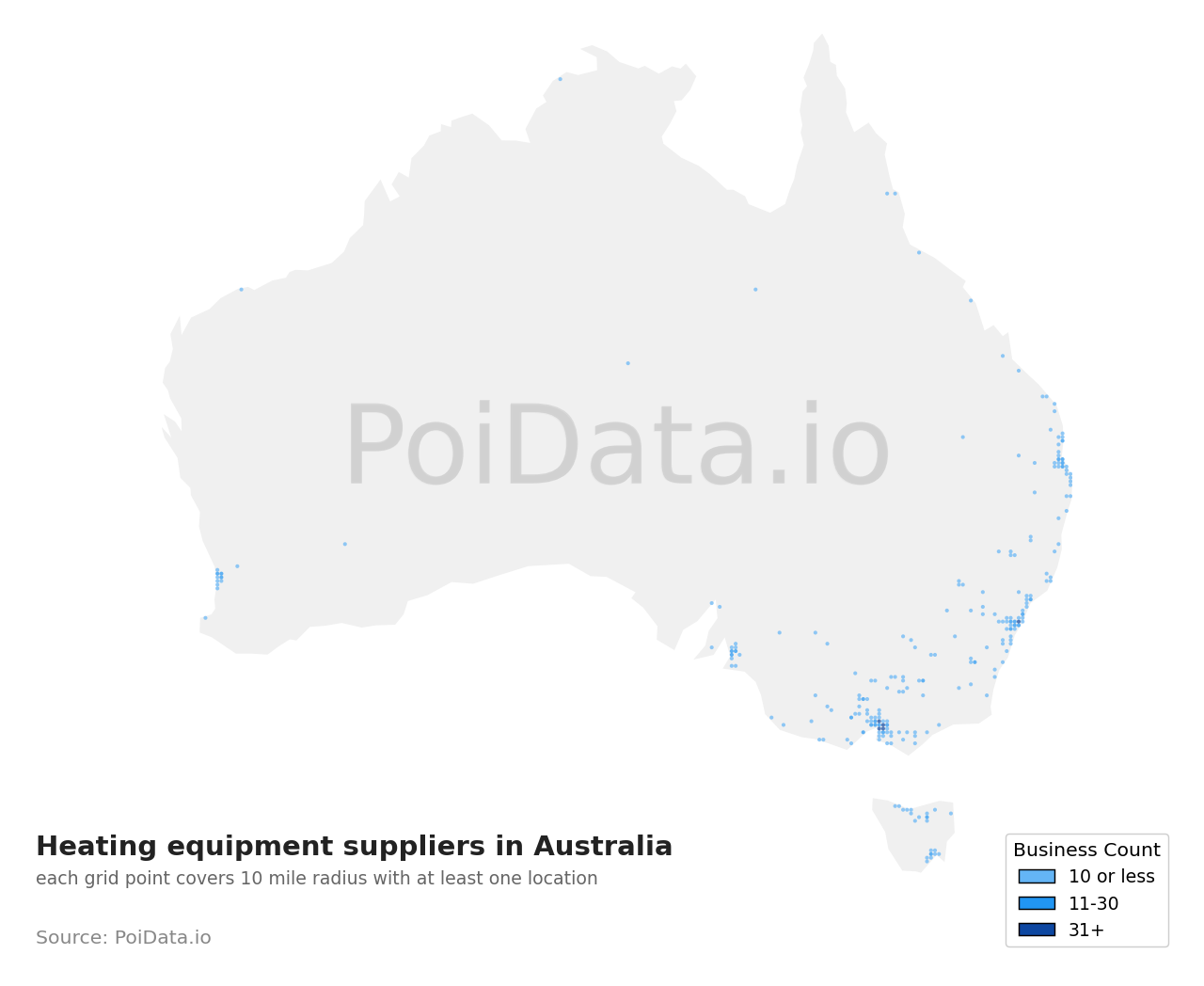 Heating equipment supplier density map for Australia