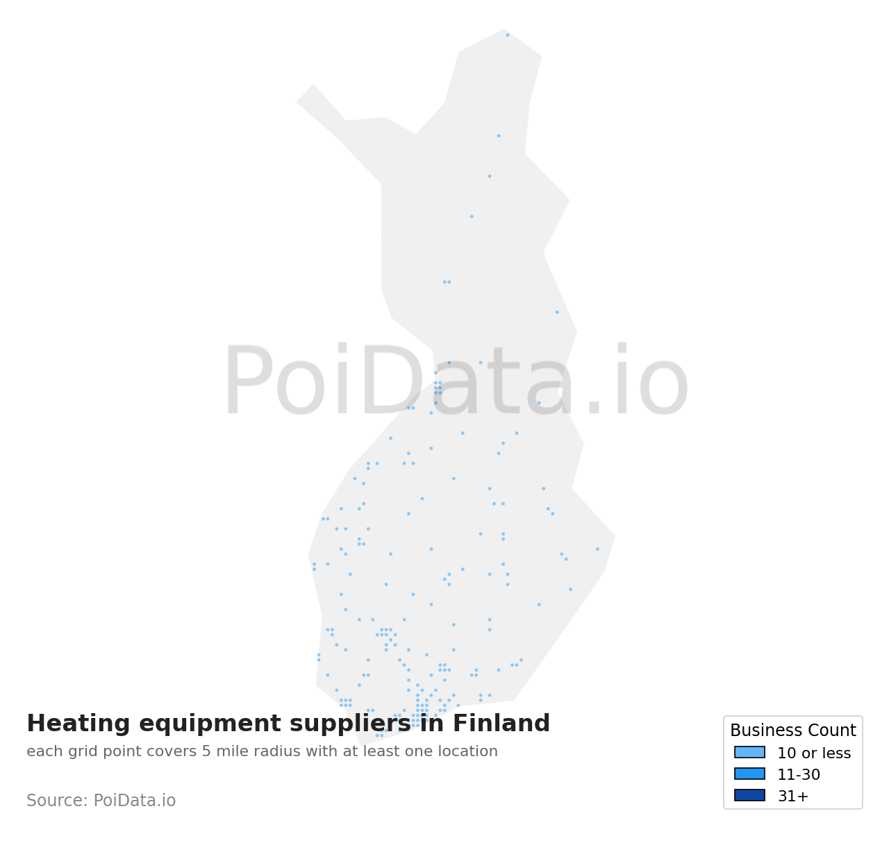 Heating equipment supplier density map for Finland