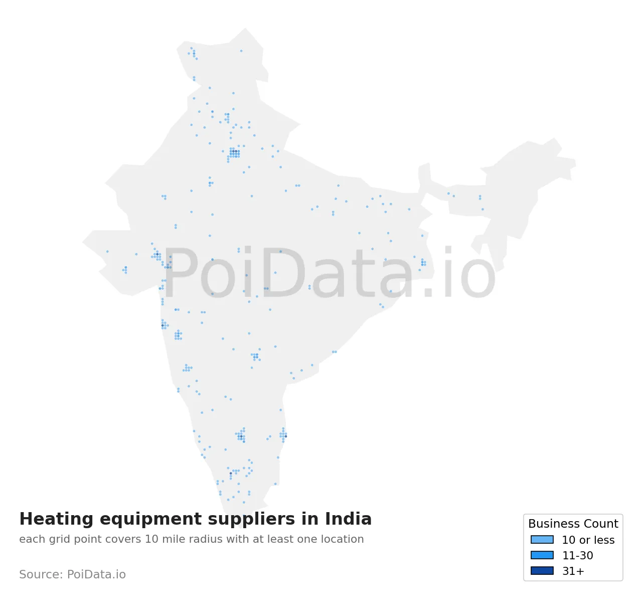 Heating equipment supplier density map for India