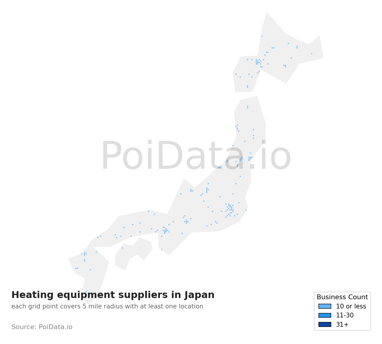 Heating equipment supplier density map for Japan