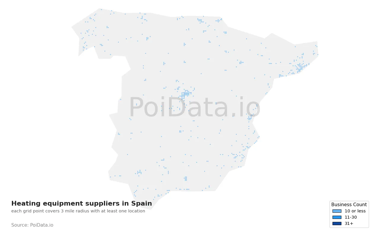 Heating equipment supplier density map for Spain