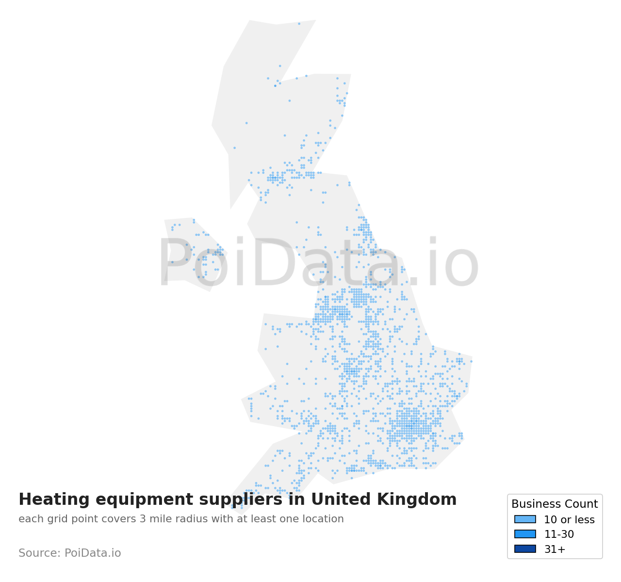 Heating equipment supplier density map for United Kingdom