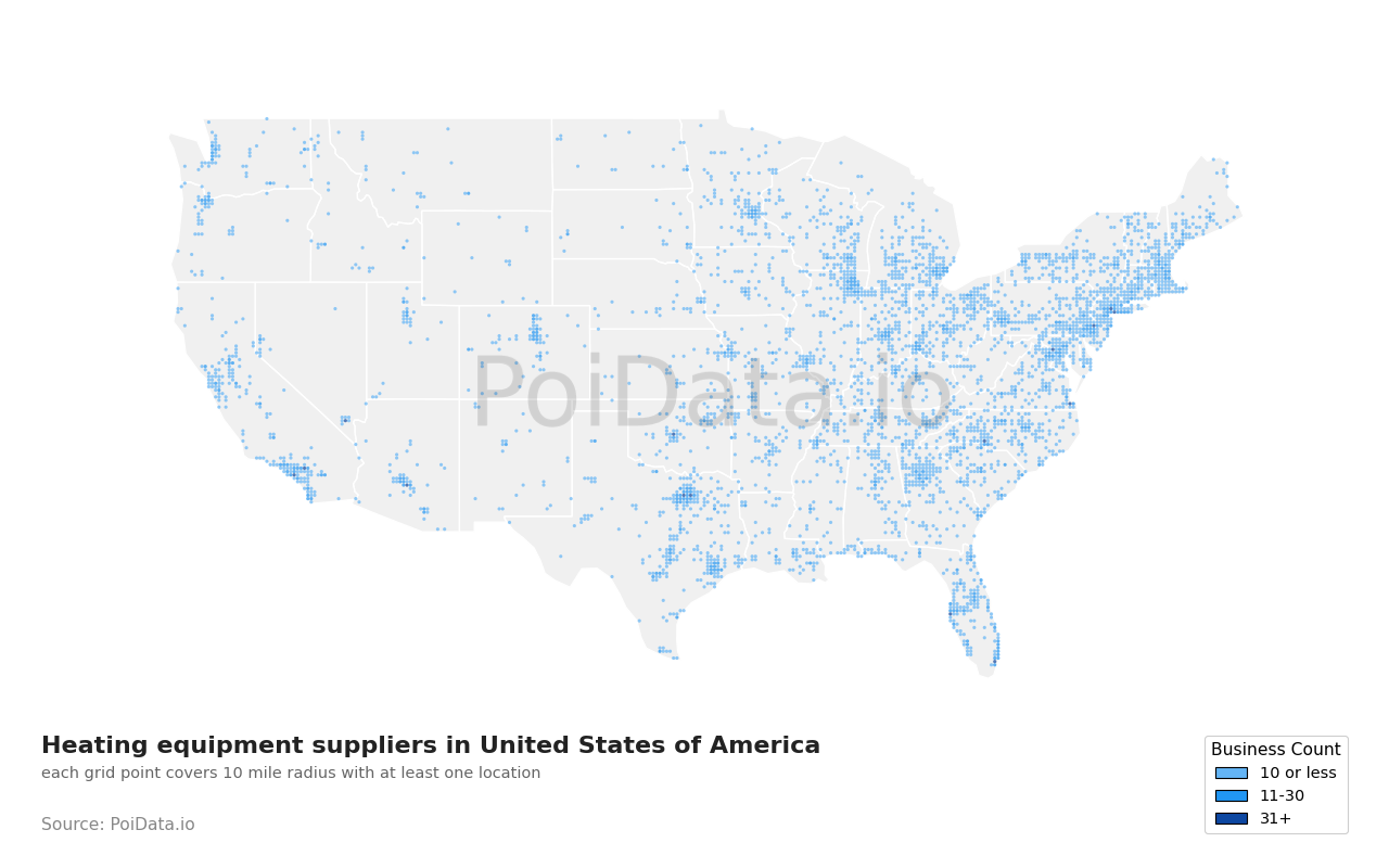 Heating equipment supplier density map for United States