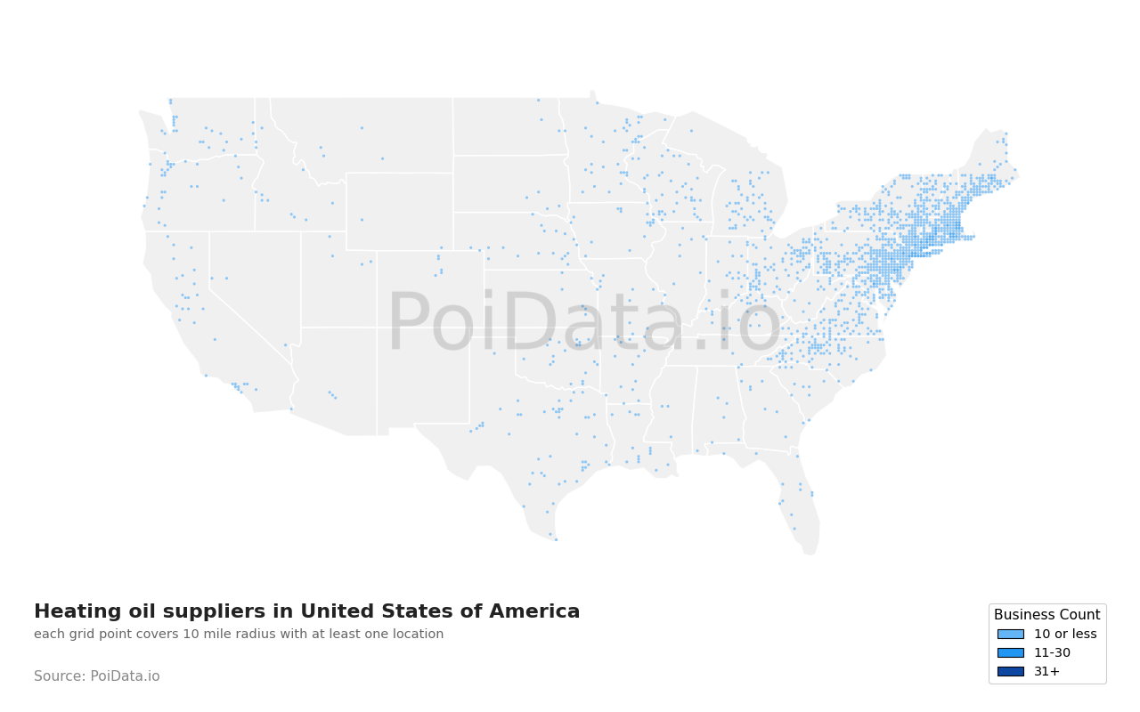 Heating oil supplier density map for Virginia, United States