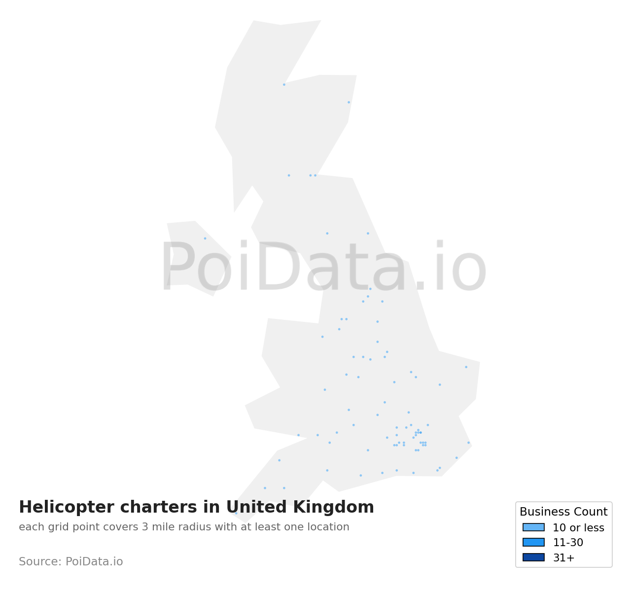 Helicopter charter density map for United Kingdom