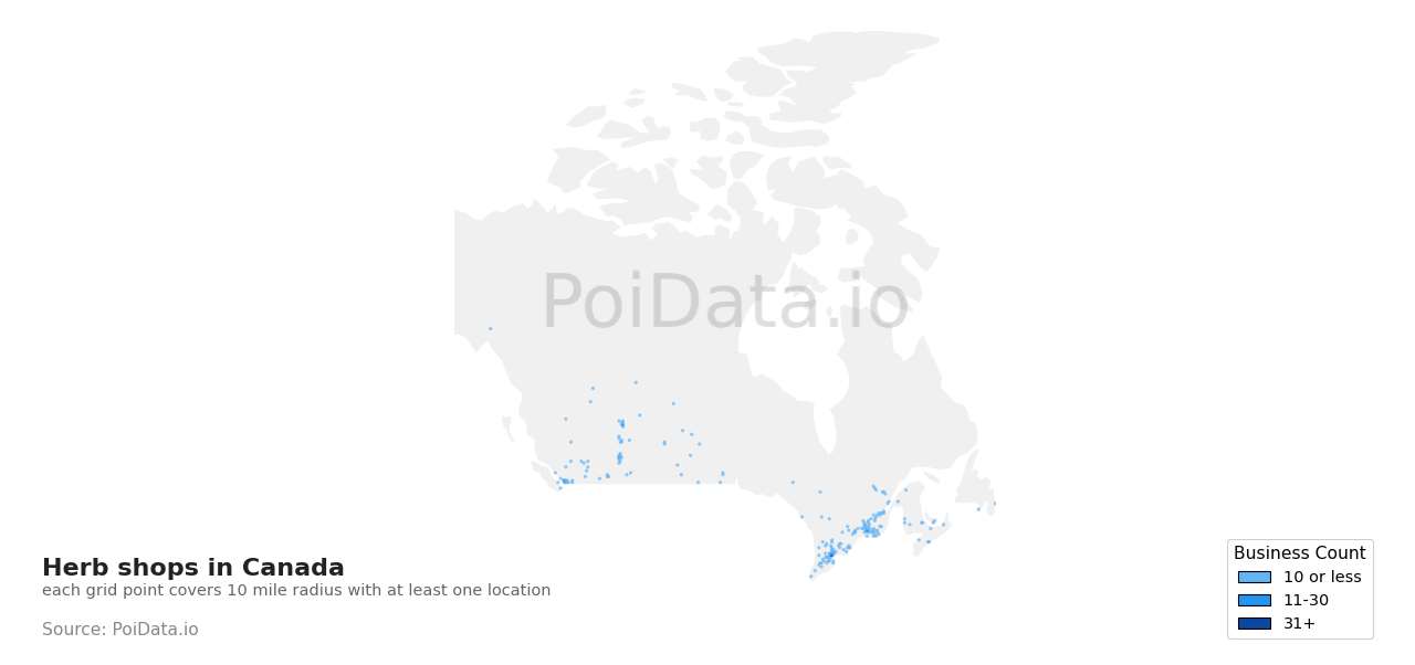 Herb shop density map for Canada