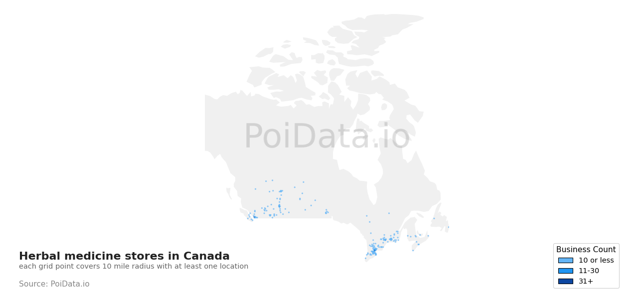 Herbal medicine store density map for Canada
