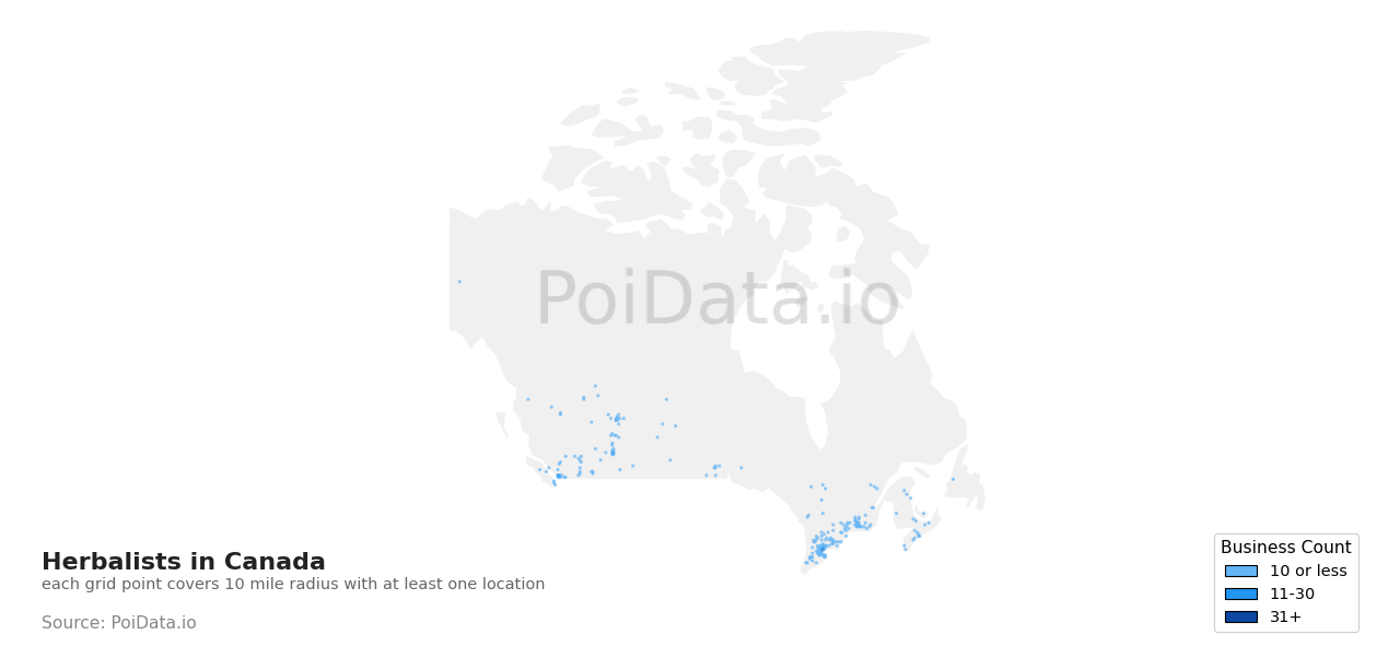 Herbalist density map for Manitoba, Canada