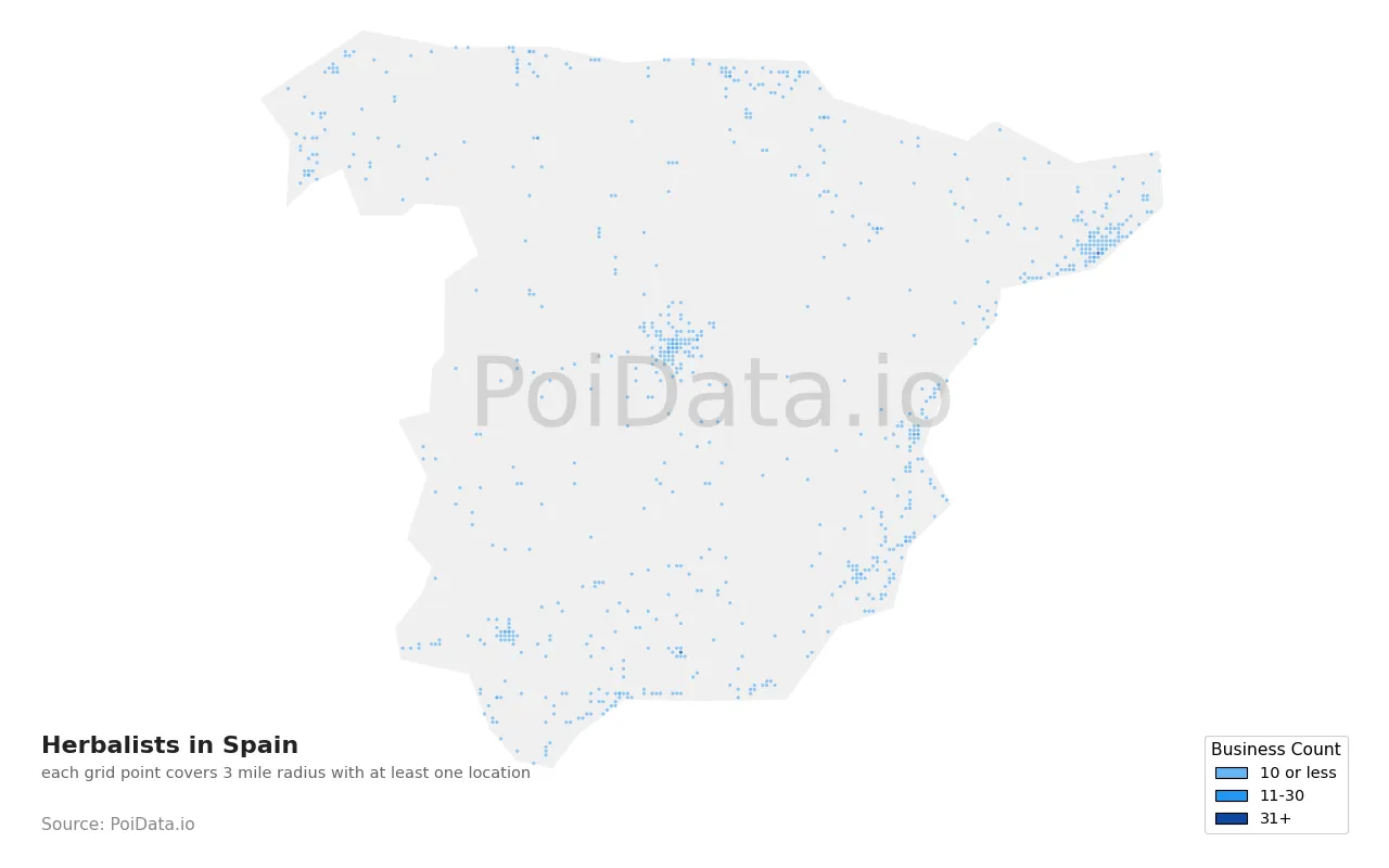 Herbalist density map for Spain
