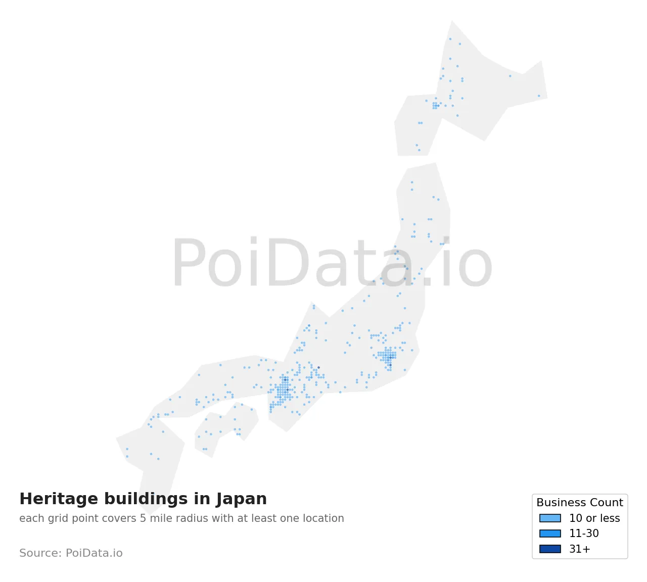 Heritage building density map for Japan