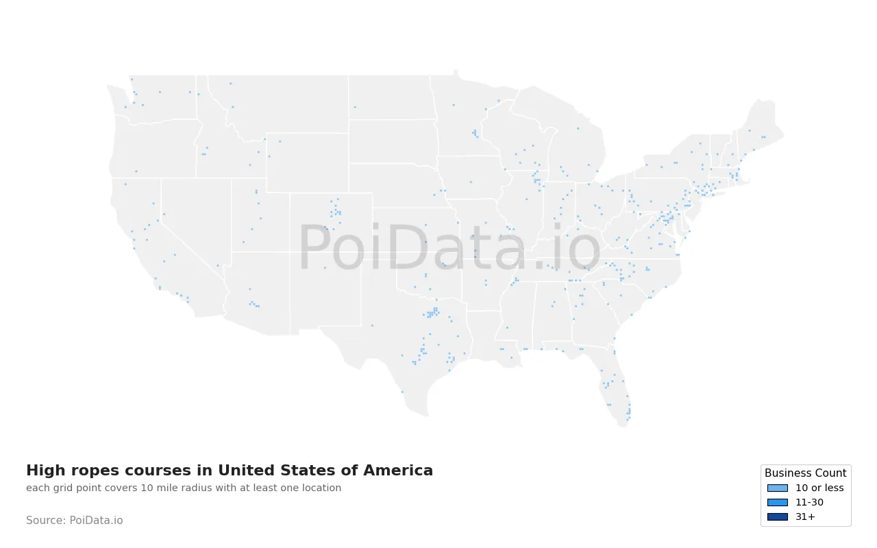 High ropes course density map for United States