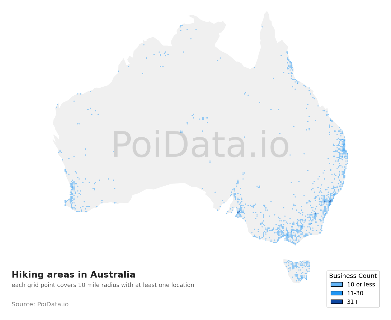 Hiking area density map for Australia