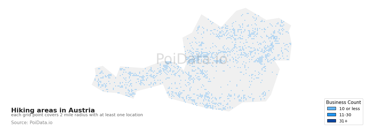 Hiking area density map for Austria