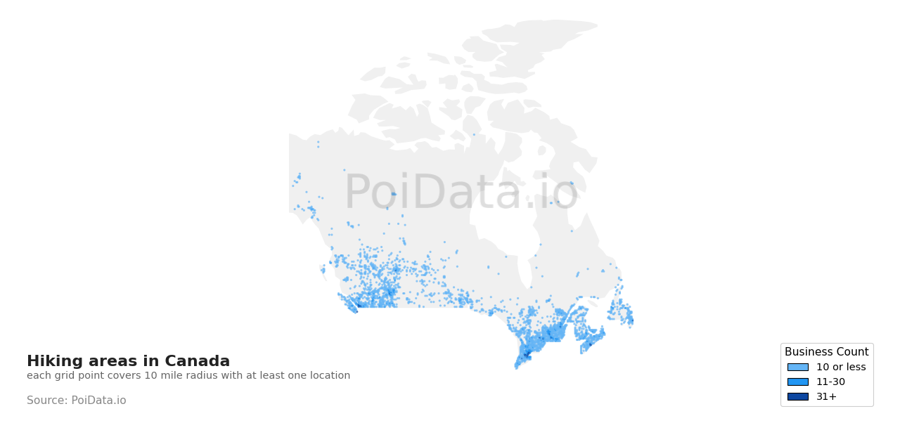Hiking area density map for Canada