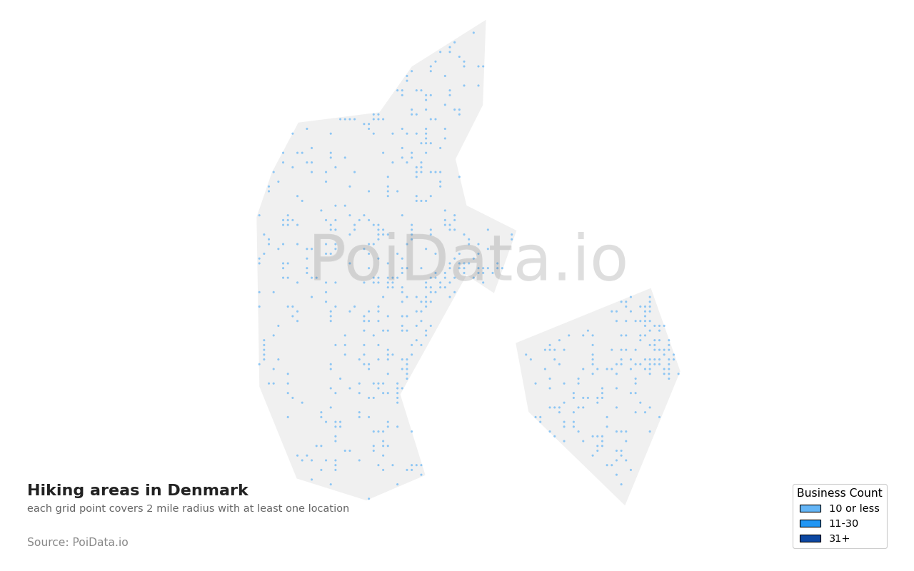 Hiking area density map for Denmark