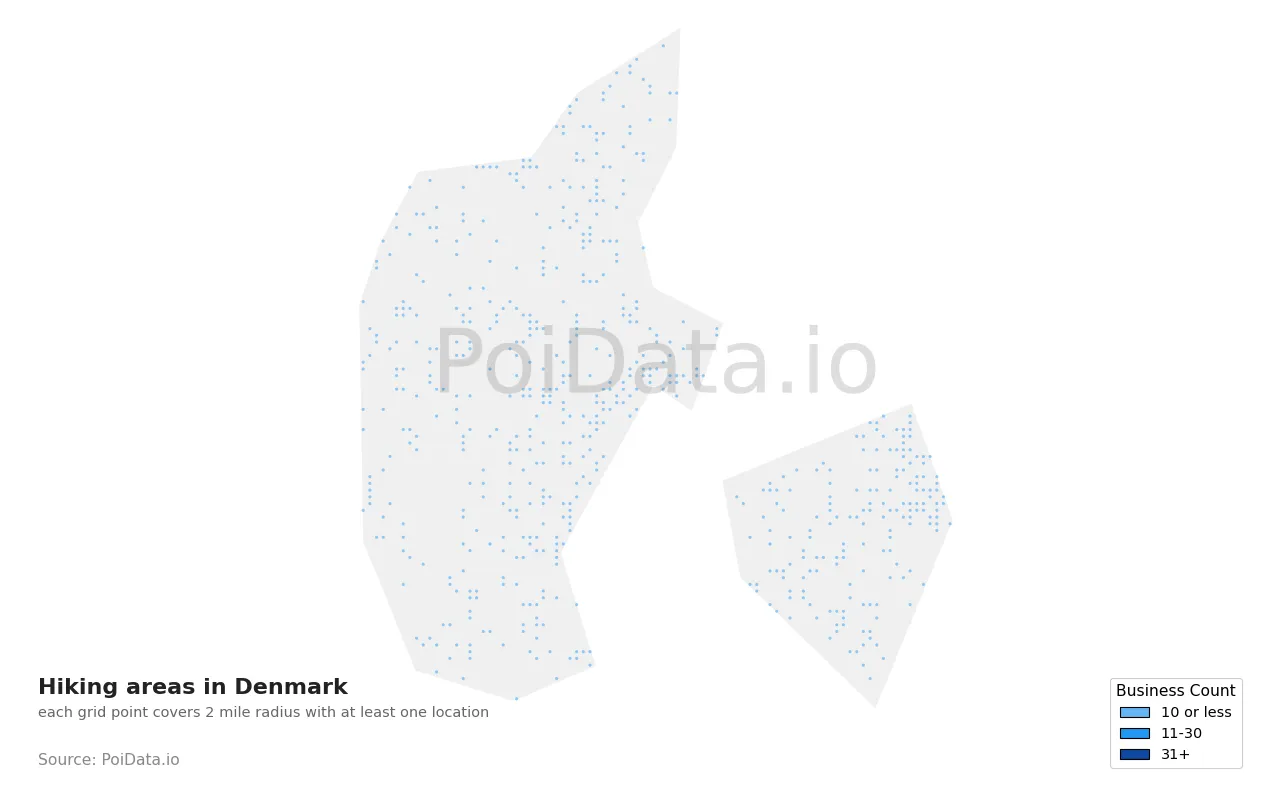 Hiking area density map for Denmark