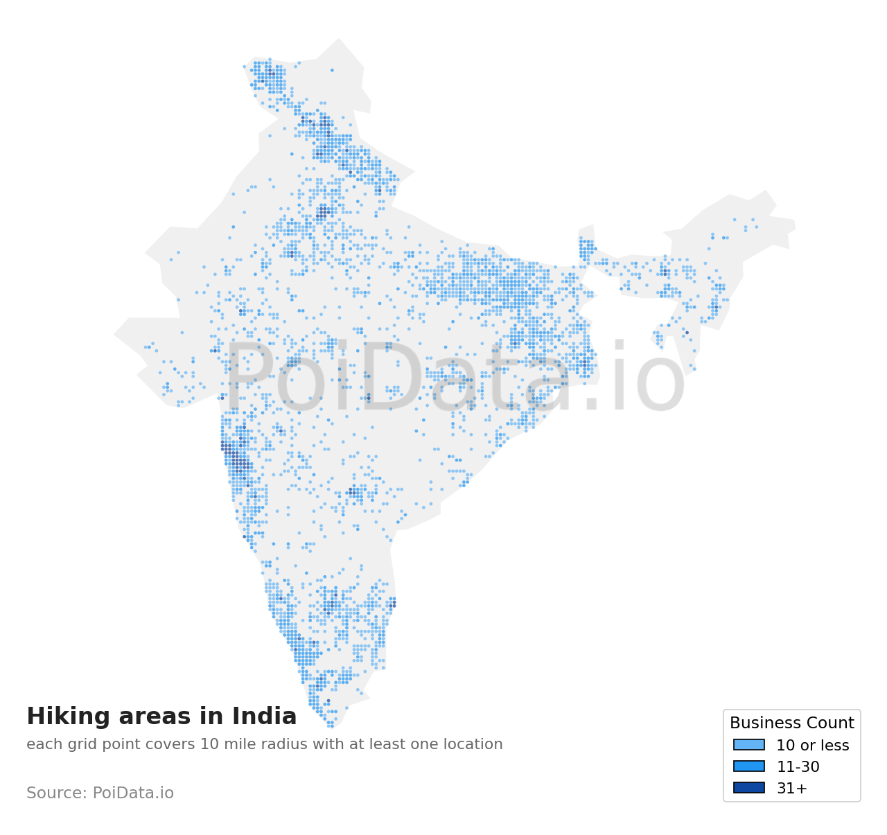 Hiking area density map for India